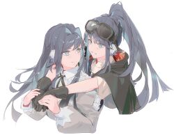 Rule 34 | 2girls, arknights, astesia (arknights), astgenne (arknights), black cloak, black gloves, black hair, black ribbon, blue eyes, cloak, closed mouth, commentary request, cropped torso, eye contact, gloves, goggles, goggles on head, grey jacket, hair between eyes, hair intakes, highres, hood, hood down, hooded cloak, hug, hug from behind, jacket, liliyfox, long sleeves, looking at another, multiple girls, neck ribbon, ponytail, puffy long sleeves, puffy sleeves, ribbon, shirt, siblings, simple background, sisters, smile, upper body, white background, white shirt