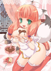 Rule 34 | 1girl, ahoge, animal ears, apron, banana, bed, blush, bowl, breast hold, breasts, candy, cherry, chocolate, chocolate heart, chocolate on body, chocolate on breasts, cleavage, fang, food, food on body, fork, fox ears, fox tail, fruit, green eyes, heart, kinoko crown, kneeling, large breasts, long hair, mixing bowl, naked apron, open mouth, orange hair, original, panda, plate, ponytail, red hair, red thighhighs, sidelocks, sitting, smile, solo, star (symbol), strawberry, stuffed animal, stuffed panda, stuffed toy, tail, thighhighs, valentine, wariza, wrist cuffs