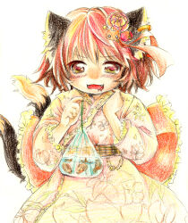 Rule 34 | 1girl, :d, alternate costume, animal ear piercing, animal ears, bag, bagged fish, blush, brown eyes, brown hair, cat ears, cat tail, chen, commentary request, dot nose, drooling, earrings, fang, fish, flat chest, floral print, furrowed brow, hair ornament, hanabi (karintou15), hands up, highres, holding, holding bag, japanese clothes, jewelry, kimono, long sleeves, mouth drool, multiple tails, nekomata, no headwear, open mouth, simple background, single earring, smile, solo, tail, touhou, two tails, white background, yukata