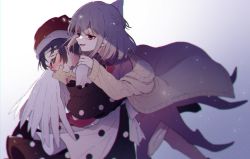 Rule 34 | 2girls, black capelet, blue hair, blush, bow, bowtie, braid, capelet, cardigan, commentary request, covering another&#039;s eyes, doremy sweet, dress, french braid, grey hair, hat, highres, kishin sagume, long sleeves, multiple girls, nightcap, open cardigan, open clothes, open mouth, pom pom (clothes), purple dress, red bow, red bowtie, red eyes, red headwear, short hair, single wing, touhou, touya (konpekitou), wings