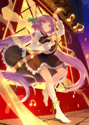 Rule 34 | 1girl, baisi shaonian, barefoot, beamed eighth notes, biwa lute, brown dress, commentary request, dress, eighth note, flower, full body, hair flower, hair ornament, highres, instrument, leglet, long hair, long sleeves, looking at viewer, low twintails, lute (instrument), music, musical note, nail polish, pink nails, playing instrument, purple hair, smile, solo, standing, toenail polish, toenails, toes, touhou, tsukumo benben, twintails