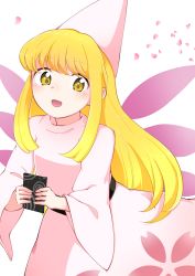 Rule 34 | absurdres, alternate headwear, black sash, blonde hair, commentary request, dress, fairy, fairy wings, floral print, hat, highres, kaisenpurin, lily white, long hair, long sleeves, looking at viewer, open mouth, sash, smile, touhou, very long hair, white background, white dress, wings, wizard hat, yellow eyes