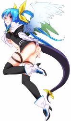 Rule 34 | 1girl, absurdres, arc system works, ass, asymmetrical wings, bare shoulders, black thighhighs, blue hair, blush, boots, breasts, covering privates, covering ass, detached sleeves, dizzy (guilty gear), embarrassed, full-face blush, guilty gear, guilty gear x, guilty gear xx, hair ribbon, highres, long hair, looking at viewer, looking back, red eyes, ribbon, shiny skin, solo, tail, tail ornament, tail ribbon, thighhighs, un (le monde-alternatif), wavy mouth, wings