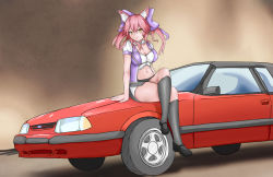 Rule 34 | 1girl, absurdres, animal ear fluff, animal ears, artist request, belly, blush, bow, breasts, bustier, car, cleavage, collar, crossed legs, dress, fate/grand order, fate (series), ford, ford mustang, hair bow, highres, kneehighs, long hair, looking at viewer, motor vehicle, navel, pink hair, shoes, sitting, smile, socks, tamamo (fate), tamamo no mae (fate/extra), twintails, wedge heels, yellow eyes