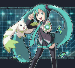 Rule 34 | 1girl, :3, aqua eyes, aqua hair, artist request, bare shoulders, black thighhighs, boots, card (medium), crossover, detached sleeves, digimon, digimon (creature), digimon tamers, green necktie, hatsune miku, horn, long hair, looking at another, looking at viewer, necktie, official style, open mouth, skirt, smile, terriermon, thigh boots, thighhighs, twintails, very long hair, vocaloid