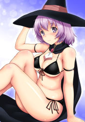 Rule 34 | 10s, 1girl, arm at side, arm strap, arm support, belly, bikini, black bikini, black cape, black hat, blush, breast press, breasts, brooch, cape, cleavage, closed mouth, eyebrows, front-tie bikini top, front-tie top, gloves, gradient background, hai to gensou no grimgar, hair between eyes, hand on headwear, hand up, hat, hat ribbon, hexagon, jewelry, kishimen, knees up, lens flare, looking at viewer, medium breasts, navel, plump, purple eyes, purple hair, ribbon, shihoru (grimgar), shiny skin, short hair, side-tie bikini bottom, sitting, solo, stomach, string bikini, swimsuit, underboob, witch hat