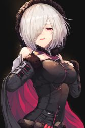 Rule 34 | 1girl, absurdres, black background, black cape, black hat, breasts, cape, clothing cutout, fur-trimmed sleeves, fur trim, hair over one eye, half-closed eyes, hat, highres, long sleeves, looking at viewer, medium breasts, open mouth, red eyes, shingeki no bahamut, short hair, shoulder cutout, silver hair, simple background, skin tight, solo, upper body, wizardess of oz, yamato (muchuu paradigm)
