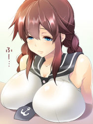 Rule 34 | 10s, 1girl, anchor symbol, arms at sides, bare shoulders, between breasts, braid, breast rest, breasts, breasts on table, brown hair, hair between eyes, impossible clothes, impossible shirt, kadokawa shoten, kantai collection, large breasts, lips, long hair, maki (seventh heaven maxion), necktie, necktie between breasts, noshiro (kancolle), one-hour drawing challenge, sailor collar, school uniform, serafuku, shirt, sidelocks, sitting, sleeveless, sleeveless shirt, solo, table, tareme, translation request, twin braids