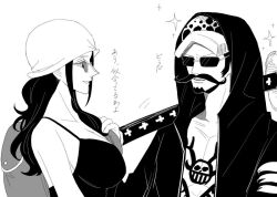 Rule 34 | 1boy, 1girl, breasts, coat, dressrosa, fake facial hair, fake mustache, hat, holding, holding sheath, holding sword, holding weapon, hood, hood up, large breasts, looking at another, monochrome, nico robin, nsgw, one piece, sheath, smile, sparkle, sunglasses, sword, trafalgar law, translation request, weapon