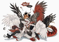 Rule 34 | 1boy, 1girl, animal feet, animal hands, annoyed, baggy pants, bird wings, black hair, blue eyes, body fur, chinese text, claws, closed eyes, colored skin, crossed ankles, dark-skinned male, dark skin, fang, feathered wings, feathers, full body, hair between eyes, halo, hand on another&#039;s face, head wings, highres, holding, horns, hug, hug from behind, juanmao, lizard tail, medium hair, monster boy, monster girl, multiple wings, one eye covered, original, pants, pointy ears, red hair, red scales, reptile boy, scales, sharp toenails, skin fang, smile, speech bubble, spines, tail, toenails, translated, white background, white pants, white skin, wings