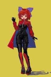 Rule 34 | 1girl, :d, absurdres, adapted costume, akatsuki records, black bodysuit, blue bow, bodysuit, bow, cloak, dress, fang, full body, gloves, hair bow, highres, latex, latex bodysuit, latex dress, latex gloves, latex legwear, latex suit, looking at viewer, no lineart, open mouth, red eyes, red hair, reddizen, sekibanki, short hair, simple background, skin fang, skin tight, skin tight, smile, solo, standing, touhou, yellow background, zipper