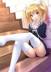 Rule 34 | 10s, 1girl, against wall, arimura hinae, black jacket, black skirt, blonde hair, blue eyes, blush, chaos;child, collarbone, commentary request, cropped jacket, fang, foreshortening, gradient hair, hair ribbon, highres, indoors, jacket, kazenokaze, leg up, long hair, long sleeves, looking at viewer, multicolored hair, pink hair, playing with own hair, ribbon, school uniform, serafuku, sitting, skirt, solo, stairs, stone wall, thighhighs, thighs, twintails, wall, white thighhighs