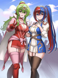 Rule 34 | 2girls, :d, absurdres, alear (female) (divine attire) (fire emblem), alear (female) (fire emblem), alear (fire emblem), artist name, blue eyes, blue hair, blush, breasts, burnt green tea, cape, cleavage, closed mouth, crossed bangs, dragon girl, dress, female focus, fire emblem, fire emblem awakening, fire emblem engage, garter straps, gloves, green eyes, green hair, hair between eyes, heterochromia, highres, in-franchise crossover, large breasts, long hair, looking at viewer, matching hair/eyes, multicolored hair, multiple girls, nintendo, open mouth, pointy ears, ponytail, red dress, red eyes, red gloves, red hair, skindentation, smile, thighhighs, tiara, tiki (adult) (fire emblem), tiki (fire emblem), trait connection, two-tone hair, v