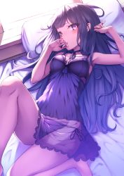 Rule 34 | 1girl, armpits, bare arms, bare legs, barefoot, bed sheet, black hair, black ribbon, blush, breasts, choker, cleavage, closed mouth, eyelashes, from above, gradient hair, lingerie, long hair, lying, multicolored hair, negligee, on back, original, panties, pillow, purple eyes, purple hair, purple panties, ribbon, ribbon choker, ryuinu, side-tie panties, small breasts, solo, straight hair, underwear, very long hair