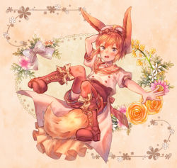 Rule 34 | ahoge, androgynous, animal ears, boots, bow, brown footwear, brown hair, brown thighhighs, creatures (company), eevee, flower, game freak, gen 1 pokemon, gender request, hat, moe (hamhamham), nintendo, outstretched hand, personification, pokemon, short hair, solo, tail, thighhighs