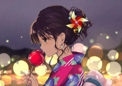 Rule 34 | 1girl, back bow, backlighting, black eyes, blurry, blurry background, blush, bokeh, bow, candy apple, closed mouth, commentary request, depth of field, earrings, food, from side, gin (oyoyo), holding, holding sword, holding weapon, japanese clothes, jewelry, kimono, looking down, nail polish, night, night sky, original, outdoors, pink kimono, pink nails, pinwheel hair ornament, print kimono, profile, short hair, short ponytail, sky, solo, sword, weapon, yukata
