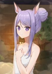 Rule 34 | 1girl, animal ears, backlighting, bare arms, bare shoulders, blush, breasts, cleavage, closed mouth, collarbone, commentary request, fence, hair bun, hand on own chest, horse ears, lantern, looking at viewer, mejiro mcqueen (umamusume), naked towel, onsen, parted bangs, short hair with long locks, sidelocks, single hair bun, small breasts, smile, solo, steam, syhan, towel, umamusume, upper body, wooden fence