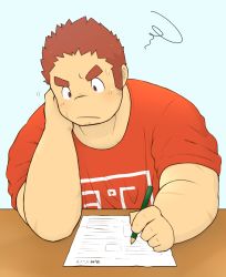 Rule 34 | 1boy, 3c pan, bara, blush, brown hair, casual, contemporary, elbow rest, facial hair, facial scar, tamamura gunzo, highres, long sideburns, male focus, muscular, muscular male, paper, pencil, red shirt, scar, scar on cheek, scar on face, shirt, short hair, sideburns, solo, spiked hair, stubble, sweatdrop, table, thick eyebrows, tokyo houkago summoners, upper body, writing