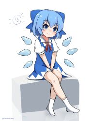 Rule 34 | 1girl, absurdres, artist name, blue bow, blue dress, blue eyes, blue hair, blush, bow, circled 9, cirno, closed mouth, dress, ferdy&#039;s lab, full body, highres, ice, ice wings, looking at viewer, puffy short sleeves, puffy sleeves, red ribbon, ribbon, shirt, short hair, short sleeves, simple background, sitting, smile, socks, solo, touhou, twitter username, white background, white shirt, wings