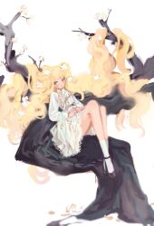 Rule 34 | 1girl, absurdly long hair, agoh3, animal ears, black footwear, blonde hair, blue eyes, cat ears, closed mouth, dress, flower, full body, hair flower, hair ornament, hanbok, highres, in tree, knees up, korean clothes, lace, lace-trimmed dress, lace trim, leaning back, long hair, long sleeves, looking at viewer, nail polish, own hands together, puffy long sleeves, puffy sleeves, red nails, seeu, simple background, sitting, socks, solo, tree, very long hair, vocaloid, white background, white dress, white flower, white socks
