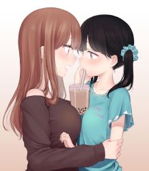 Rule 34 | 2girls, age difference, arm grab, bare shoulders, between breasts, black hair, blush, breast press, breasts, brown eyes, brown hair, bubble tea, bubble tea challenge, child, commentary request, drink, drinking, drinking straw, face-to-face, from side, hair ornament, hair scrunchie, half-closed eyes, hand on another&#039;s face, highres, large breasts, long hair, long sleeves, looking at another, mashimaru (muzikluva), multiple girls, onee-loli, open mouth, original, scrunchie, short sleeves, small breasts, symmetrical docking, twintails, upper body, yuri