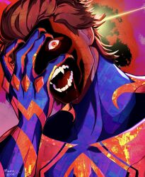 Rule 34 | 1boy, artist name, blood, blood from mouth, blue bodysuit, bodysuit, brown hair, claws, commentary, dark-skinned male, dark skin, english commentary, fangs, hair slicked back, hand on own face, highres, looking at viewer, male focus, marvel, maxieverse, miguel o&#039;hara, open mouth, portrait, red bodysuit, red eyes, shaded face, short hair, solo, spider-man: across the spider-verse, spider-man (2099), spider-man (series), spider-verse, two-tone bodysuit