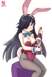 Rule 34 | 1girl, alternate costume, animal ears, artist logo, black hair, black pantyhose, bottle, bow, bowtie, breasts, brown eyes, cleavage, commentary request, dated, detached collar, fake animal ears, green bow, green bowtie, hair over one eye, hair ribbon, hayashimo (kancolle), highres, kanon (kurogane knights), kantai collection, leotard, long hair, looking at viewer, medium breasts, ottoman, pantyhose, playboy bunny, purple leotard, rabbit ears, rabbit tail, ribbon, simple background, sitting, smile, solo, split mouth, strapless, strapless leotard, tail, very long hair, white background, white ribbon, wine bottle, wrist cuffs