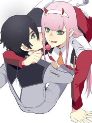 Rule 34 | 10s, 1boy, 1girl, black hair, blue eyes, boots, candy, couple, darling in the franxx, food, green eyes, hiro (darling in the franxx), holding, holding candy, holding food, holding lollipop, horns, lips, lollipop, long hair, looking at another, military, military uniform, necktie, oni horns, orange neckwear, pink hair, short hair, uniform, white footwear, zero two (darling in the franxx), zuwai kani