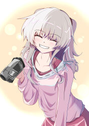 Rule 34 | 1girl, ^ ^, absurdres, blush, camera, casual, charlotte (anime), closed eyes, collarbone, commentary, facing viewer, grey hair, grin, hair between eyes, happy, highres, holding, holding camera, long hair, long sleeves, pink shirt, shirt, sidelighting, sidelocks, simple background, smile, solo, tanishi (hetianming11093), tomori nao, two side up, upper body, video camera, wavy hair, yellow background