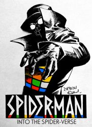 Rule 34 | 1boy, coat, copyright name, dated, fedora, goggles, hat, kotteri, male focus, marvel, rubik&#039;s cube, solo, spider-man: into the spider-verse, spider-man (series), spider-man noir, spider-verse, spot color, traditional media, trench coat