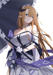 Rule 34 | 1girl, absurdres, arknights, bare shoulders, blonde hair, blue eyes, breasts, chichi guai, commentary, dress, gloves, highres, holding, holding umbrella, horns, large breasts, long hair, off-shoulder dress, off shoulder, official alternate costume, parted lips, pointy ears, saileach (appreciate fragrance) (arknights), saileach (arknights), simple background, solo, umbrella, upper body, very long hair, white background, white dress, white gloves