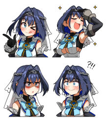 Rule 34 | &gt; o, 1girl, :d, ;q, blue hair, blush, bow, bow earrings, breasts, chain, chain headband, chibi, cleavage cutout, clothing cutout, commentary, ddolbang, detached sleeves, earrings, english commentary, fangs, hair intakes, headband, highres, hololive, hololive english, jewelry, juliet sleeves, large breasts, long sleeves, multiple views, one eye closed, open mouth, ouro kronii, puffy sleeves, shirt, short hair, sleeveless, sleeveless shirt, smile, surprised, sweatdrop, tongue, tongue out, underboob, veil, virtual youtuber