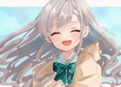 Rule 34 | 1girl, ^ ^, ^o^, asymmetrical bangs, blush, bow, bowtie, cardigan, closed eyes, earrings, green bow, green bowtie, grey hair, highres, hisakawa hayate, idolmaster, idolmaster cinderella girls, idolmaster cinderella girls starlight stage, jewelry, letterboxed, long hair, looking at viewer, rino cnc, school uniform, sleeves past wrists, smile, solo, upper body, very long hair, wavy hair, yellow cardigan