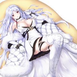 Rule 34 | 1girl, azur lane, bare shoulders, boots, breasts, cleavage, coat, dress, elbow gloves, enchuu, feather boa, feet out of frame, fur collar, gloves, halterneck, highres, knee up, large breasts, long hair, looking at viewer, lying, mole, mole on breast, multicolored hair, on back, parted lips, red eyes, red hair, sleeveless, sleeveless dress, solo, streaked hair, tallinn (azur lane), thigh boots, thighhighs, white coat, white dress, white footwear, white gloves, white hair