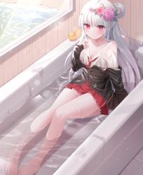 Rule 34 | 1girl, absurdres, barefoot, bath, bathtub, black jacket, breasts, cleavage, closed mouth, collared shirt, commission, dress shirt, flower, grey hair, hair flower, hair ornament, hand up, highres, honyang, jacket, long hair, long sleeves, looking at viewer, medium breasts, necktie, off shoulder, original, pink flower, pink rose, pleated skirt, purple eyes, red flower, red necktie, red skirt, rose, rubber duck, see-through, shallow water, shirt, skirt, sleeves past wrists, solo, very long hair, water, wet, wet clothes, wet shirt, window