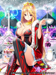 Rule 34 | 1girl, blonde hair, blush, breasts, cleavage, female focus, large breasts, long hair, looking at viewer, official art, pochadon, red eyes, seiten ragnarok, sitting, smile, solo, thighhighs