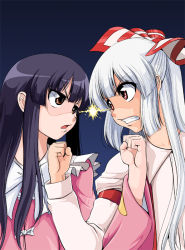 Rule 34 | 2girls, angry, clenched hand, clenched teeth, confrontation, eye contact, female focus, fujiwara no mokou, houraisan kaguya, keraton, lightning glare, long hair, looking at another, multiple girls, rivalry, teeth, touhou, upper body
