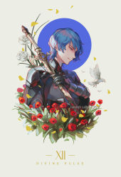 Rule 34 | 1boy, artist name, bird, blue eyes, blue hair, byleth (fire emblem), byleth (male) (fire emblem), fire emblem, fire emblem: three houses, flower, from side, heroes relic (fire emblem), highres, holding, holding sword, holding weapon, lunachaili, nintendo, petals, plant, roman numeral, short hair, simple background, solo, sword, sword of the creator, weapon, white background