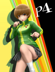 Rule 34 | 1girl, :o, atlus, bad id, bad pixiv id, brown eyes, brown hair, female focus, fighting stance, highres, houndstooth, houndstooth skirt, jacket, kung fu, lapel pin, leg up, persona, persona 4, pin, satonaka chie, school uniform, short hair, siraha, skirt, solo, track jacket