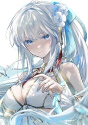 Rule 34 | 1girl, absurdres, bare shoulders, bikini, blue eyes, blush, bow, braid, breasts, closed mouth, fate/grand order, fate (series), french braid, grey hair, hair between eyes, hair bow, hair ornament, highres, large breasts, long hair, looking at viewer, morgan le fay (fate), morgan le fay (water princess) (fate), nigiri, ponytail, ribbon, sidelocks, simple background, smile, solo, swimsuit, very long hair, white background, white bikini