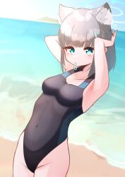 Rule 34 | 1girl, animal ear fluff, animal ears, beach, black one-piece swimsuit, blue archive, blue eyes, blue sky, breasts, competition swimsuit, covered navel, cowboy shot, cross hair ornament, day, extra ears, grey hair, hair ornament, halo, highres, holding, holding own hair, horizon, low ponytail, medium breasts, medium hair, mismatched pupils, mouth hold, multicolored clothes, multicolored swimsuit, ocean, official alternate costume, one-piece swimsuit, outdoors, rubber band, shiroko (blue archive), shiroko (swimsuit) (blue archive), sky, solo, soranocha, swimsuit, wolf ears