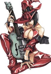 Rule 34 | 1girl, absurdres, bare shoulders, black choker, black gloves, black hair, boots, breasts, choker, cleavage, collarbone, detached sleeves, dong hole, electric guitar, fingerless gloves, gloves, guilty gear, guilty gear xx, guitar, hair between eyes, hat, heterochromia, highres, holding, holding instrument, i-no, instrument, large breasts, mole, mole above mouth, mole under eye, o-ring, o-ring top, red thighhighs, short hair, simple background, sitting, solo, thigh boots, thighhighs, white background, witch, witch hat