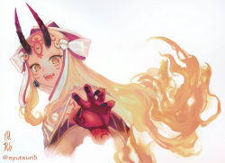 Rule 34 | 1girl, blonde hair, brown eyes, claw pose, facial mark, facial tattoo, fangs, fate/grand order, fate (series), forehead, hand up, horns, ibaraki douji (fate), japanese clothes, long hair, looking at viewer, oni horns, open mouth, shutsuri, simple background, solo, tattoo, teeth, twitter username, very long hair, wavy hair, whisker markings, white background