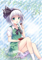 Rule 34 | 1girl, absurdres, black ribbon, blush, breasts, chocolate, collarbone, eating, food, frilled skirt, frills, from side, green eyes, green skirt, green vest, hair ribbon, hairband, highres, hitodama, knees up, konpaku youmu, konpaku youmu (ghost), kure~pu, looking at viewer, looking to the side, neck ribbon, open mouth, ribbon, shirt, short hair, short sleeves, silver hair, sitting, skirt, skirt set, small breasts, socks, solo, striped, striped background, touhou, vest, wagashi, white socks