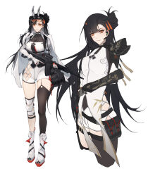 Rule 34 | 2girls, ammunition pouch, armor, assault rifle, asymmetrical legwear, bag, black hair, boots, breasts, china dress, chinese clothes, choker, cleavage, cloak, dress, dual persona, earpiece, girls&#039; frontline, girls&#039; frontline 2: exilium, gloves, gun, hair ornament, highres, holding, holding gun, holding weapon, knee pads, long hair, medium breasts, multiple girls, orange eyes, pauldrons, pouch, qbz-191, qbz-191 (girls&#039; frontline), rifle, safety glasses, scope, shinyuxo, shoulder armor, single pauldron, weapon, white background, white cloak