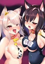 Rule 34 | 2girls, ahegao, animal costume, animal ear fluff, animal ears, animal print, azur lane, bell, bikini, black hair, blush, breasts, cleavage, collar, collarbone, cow print, cowbell, fang, heart, heart-shaped pupils, highres, large breasts, light brown hair, long hair, multiple girls, open mouth, red eyes, saliva, saliva trail, shigure (azur lane), swimsuit, symbol-shaped pupils, thick eyebrows, tongue, tongue out, wolf ears, yuudachi (azur lane)
