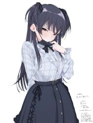 Rule 34 | 1girl, black bow, black hair, black skirt, blush, bouen, bow, breasts, brown eyes, closed mouth, eyebrows hidden by hair, frilled skirt, frills, grey shirt, hair bow, half-closed eyes, hand up, highres, idolmaster, idolmaster shiny colors, long hair, long sleeves, looking at viewer, mask, mask pull, mayuzumi fuyuko, mouth mask, puffy long sleeves, puffy sleeves, pulling own clothes, shirt, simple background, skirt, small breasts, solo, surgical mask, sweat, translation request, two side up, very long hair, white background