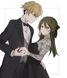 Rule 34 | 1boy, 1girl, black bow, black bowtie, black dress, black suit, blonde hair, bow, bowtie, commentary request, dress, fenfenfen naku, formal, glasses, grey vest, hair bow, hair down, hand on another&#039;s hip, highres, holding hands, land (sousou no frieren), long sleeves, purple eyes, shirt, short hair, simple background, smile, sousou no frieren, suit, traditional bowtie, ubel (sousou no frieren), upper body, vest, white background, white shirt