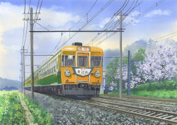 Rule 34 | absurdres, blue sky, cable, cherry blossoms, cloud, commentary request, day, grass, highres, hirota (masasiv3), no humans, outdoors, painting (medium), railroad tracks, scenery, sky, traditional media, train, tree, utility pole, watercolor (medium)