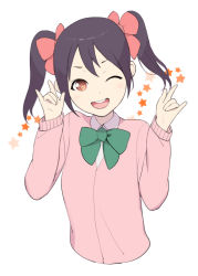 Rule 34 | 10s, 1girl, \m/, black hair, bow, bowtie, double \m/, hair ribbon, highres, looking at viewer, love live!, love live! school idol project, nico nico nii, oda non, one eye closed, open mouth, otonokizaka school uniform, red eyes, ribbon, school uniform, simple background, smile, solo, standing, twintails, white background, wink, yazawa nico